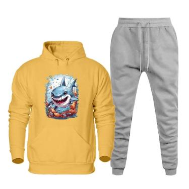 Imagem de Conjunto Moletom Canguru Estampa Tubarao Plus Size Masculino Confortavel