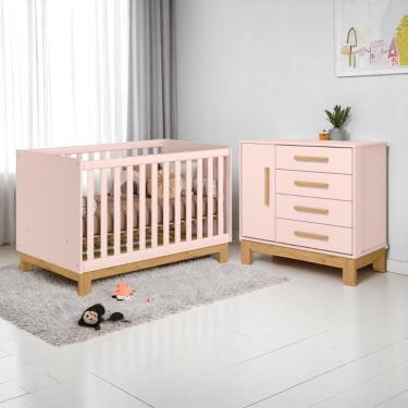 Imagem de Conjunto Infantil Encanto Slim Rosa Acetinado Berço Encanto Slim Mini Cama + Cômoda Encanto Slim