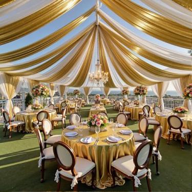 Imagem de PartyVillage Cortina de fundo dourada de Natal com 6 painéis de 1,5 m x 12,2 m para festas de casamento – 1,5 m de poliéster grosso extralongo sem rugas para decoração de barraca para festas de