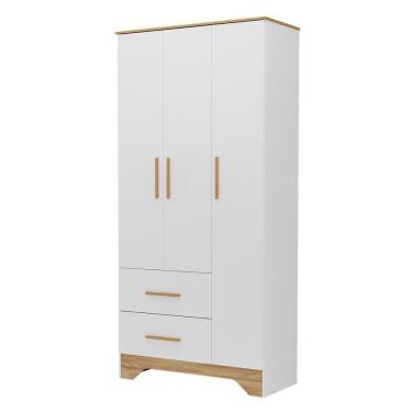 Imagem de Guarda Roupa Infantil Popy Retrô Plus 3 Portas E 2 Gavetas Branco Brilho/amêndoa - Móveis Peroba