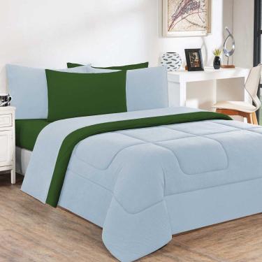 Imagem de Kit EdredomJogo De Lençol Malha 100% Algodão 6 Peças Casal - Azul Bebê-verde Bandeira