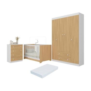 Imagem de Quarto de Bebê Completo Berço Americano 3 em 1 Colchão Encanto Multimóveis Mp4601 Branco/madeirado