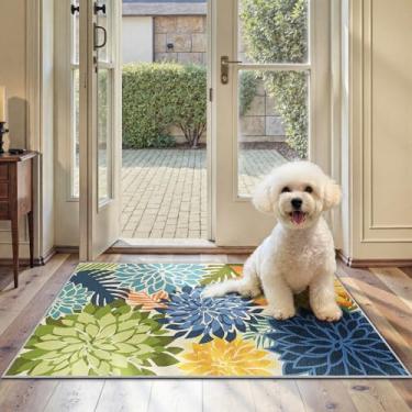 Imagem de Tapete de área 2x3 amarelo verde lavável pequeno tapete multicolorido tropical botânico moderno floral interior cozinha tapete de entrada antiderrapante para quarto sala de estar, varanda