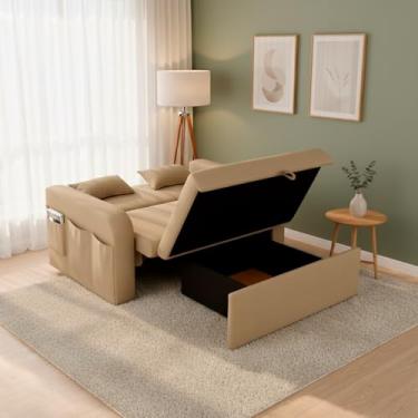 Imagem de Sofá-Cama Retrátil Lady Day 140cm com Baú e Almofadas em Veludo Bege Sofisticado