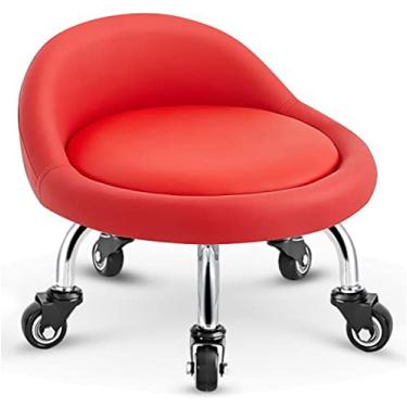 Imagem de Banco de rolamento, banquinho baixo com rodas, bancos pequenos e baixos, encosto de almofada de assento de couro, polia giratória banqueta baixa para sala de manicure, agachamento para trabalhos