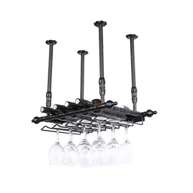Imagem de Suporte de vidro para barra de metal industrial sob o armário pendurado rack de vinho organizador rústico prateleiras de armazenamento de utensílios de mesa prateleira flutuante para cozinha, café