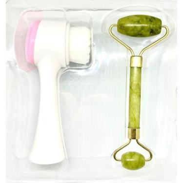 Imagem de Kit Escova De Limpeza Facial Massageador Rosto Rolo De Jade - Shakti A