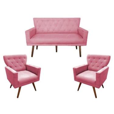 Imagem de Kit Namoradeira + 2 Poltronas Decorativa Aurora Suede Rosa Pés Madeira