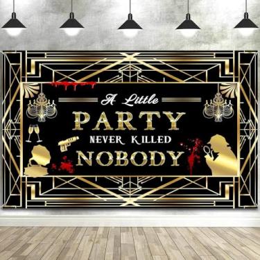 Imagem de Pano de fundo fotográfico de festa misteriosa de assassinato, cenário de crime, preto e dourado, cenários de detetive, adereços de cabine de fotos, banner, balões para decoração de parede, toalha de