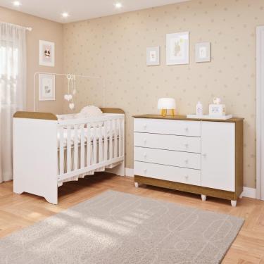 Imagem de Quarto de Bebê Gabrielle Cômoda 4 Gavetas com Fraldário Taís Berço 3 em 1 Branco com Bétula Carolina Baby