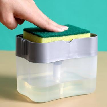 Imagem de Dispensador de sabão de cozinha de bancada com esponja - Dispensador de sabão para pia à prova de vazamento com suporte de esponja embutido para facilitar a lavagem da louça