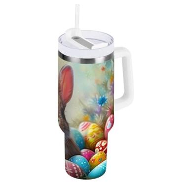 Imagem de ATTX Copo de coelho da Páscoa de 1,134 g com alça, copo de aço inoxidável a vácuo de parede dupla com palha, caneca de café de viagem isolada #440