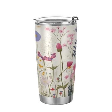 Imagem de xigua Copo de flores silvestres de jardim aquarela com tampa de palha, caneca de viagem a vácuo de parede dupla, caneca de café bem isolada, copo de aço inoxidável para bebidas quentes e frias, 600 ml