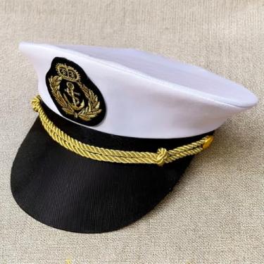 Imagem de Quepe Marinheiro Clássico, Branco e Preto, Poliéster/Algodão, 58cm Diâmetro, com Emblema Dourado, para Carnaval e Festas Temáticas