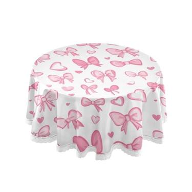 Imagem de SEHANY Toalha de mesa redonda com laço rosa de 152 cm, tecido lavável sem rugas, toalha de mesa decorativa de renda para restaurante, casamento, acampamento, festa de cinco de maio
