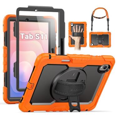 Imagem de SEYMAC Capa para Samsung Galaxy Tab S11 5G 2025 11 polegadas, capa protetora resistente à prova de choque com protetor de tela, suporte giratório, alça de mão/ombro e suporte para caneta, laranja