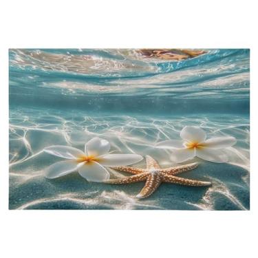 Imagem de CEBUGI Tapete de área 60 x 90 cm macio lavável tapete antiderrapante com suporte de borracha estrela do mar e flores brancas plumeria tapetes de área para sala de estar, quarto, decoração de casa