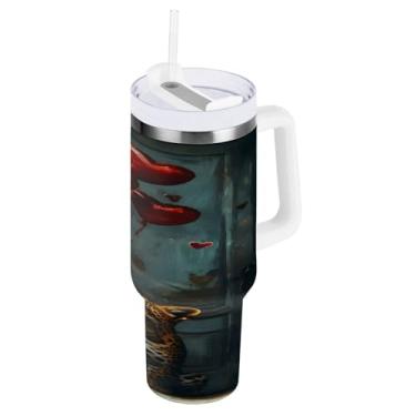 Imagem de STAYTOP Copo fofo de raposa e balão de 1,134 g com tampa e canudo, copo isolado de aço inoxidável durável à prova de vazamento com alça, garrafas de água à prova de derramamento para viagens