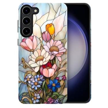 Imagem de heindiy Compatível com Samsung Galaxy S23 Plus, capa brilhante, proteção total, à prova de choque, anti-arranhões, capa de TPU, capas para homens e mulheres - vintage margaridas selvagens tulipas e