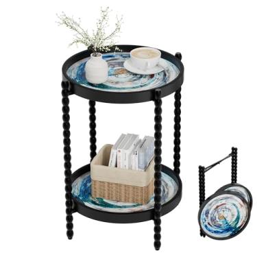 Imagem de Jorsnovs Mesa lateral redonda de 2 camadas, mesa de canto dobrável de metal com bandejas removíveis, mesa de centro pequena para sala de estar e quarto