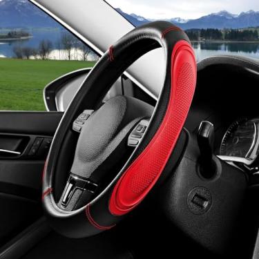 Imagem de Capa de volante de couro com emenda de filme vermelho, couro de microfibra, antiderrapante, respirável, ajuste universal para capa de volante de 36,8 a 38 cm para homens e mulheres