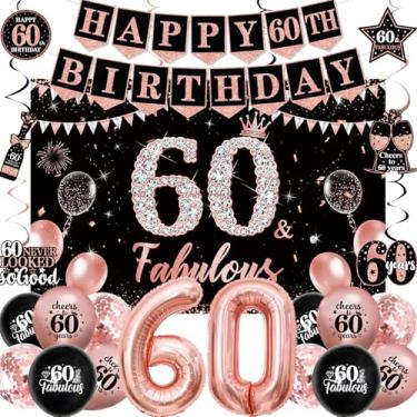 Imagem de Decorações de aniversário de 60 anos para mulheres, decorações de festa de aniversário de 60 anos de ouro rosa preto, 60 e fabulosos, 60 balões metálicos, bandeira, 60º balões, redemoinhos pendurados