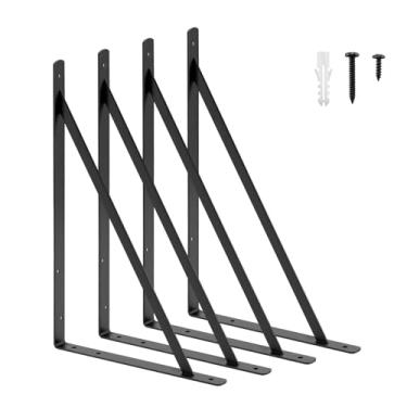 Imagem de HOME MASTER HARDWARE Suportes de prateleira resistentes pretos de 50,8 cm x 33 cm, pacote com 4, suportes em L de metal com parafusos - suportes de ângulo de 90 graus para prateleiras, prateleiras