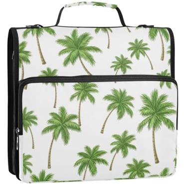 Imagem de Organizador de fichário com zíper para documentos, fichários de 3 cm, 3 anéis, palmeiras tropicais, verdes, folhas brancas, portfólio e estojo, pasta de anel, bolsa escolar com alça de ombro, 34,5 x