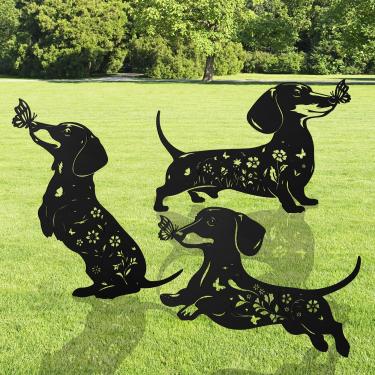 Imagem de Estacas decorativas de jardim Dachshund, 3 peças, presentes de cachorro Wiener, estacas de jardim de metal para mulheres e homens, flores de borboleta de dachshund para decoração de gramado ao ar