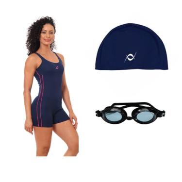 Imagem de Kit Macaquinho E Touca Helanca Natação Hidroginástica Com Óculos Uv (Marinho/Pink - Touca Azul Marinho, M)