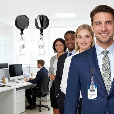Imagem de Pacote com 2 porta-crachá de identificação comercial preto – Carretéis retráteis com clipe jacaré giratório de 360°, cordão de 60 cm para escritório, escola e profissionais