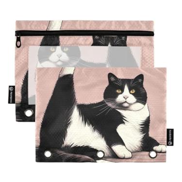 Imagem de Estojo de lápis arco-íris com 3 anéis fofo preto e branco para gatos com zíper, fichário escolar, bolsos transparentes, tecido 25 x 18 cm, 2 pacotes