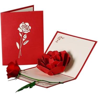 Imagem de Cartão de dia dos namorados para ela, cartão pop-up de buquê de rosas 3D feito à mão com envelope, lindos cartões de aniversário vermelhos para marido e esposa, cartões exclusivos e incomuns de feliz