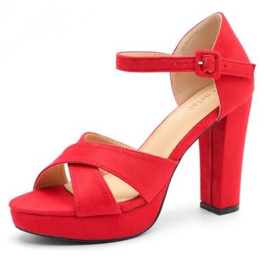 Imagem de Enelauge Sandálias femininas de salto alto grossas plataforma bico aberto tira no tornozelo salto bloco vestido noiva festa de casamento sapatos noite sapatos, Camurça vermelha, 38