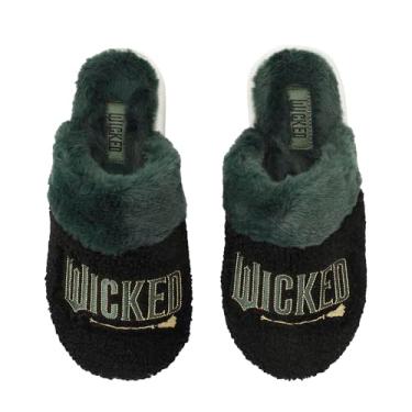 Imagem de Bioworld Chinelos femininos com logotipo Wicked Part 2 verde e preto aberto, Logotipo Wicked Part 2 verde, Large