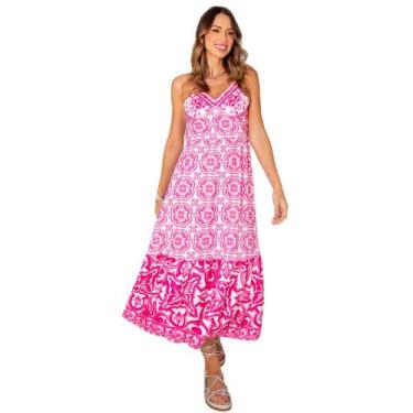 Imagem de Vestido feminino estampado azulejo portugues com amarração nas costas 