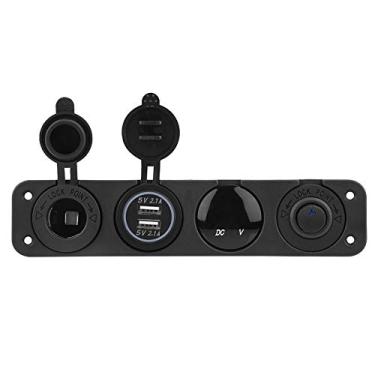 Imagem de aqxreight Carro USB Duplo Com Voltímetro Tomada de Cigarro 12V / 24V e Interruptor de Painel de 4 Furos para Veículos, Motocicletas, Barcos Carregamento Rápido para Telefones, Tablets, GPS (Luz Azul)