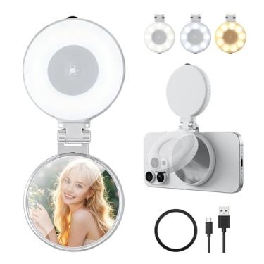 Imagem de AuyKoo Luz magnética 3 em 1 para selfie com espelho e luz de LED ajustável, rotação de 360° e dobrável para selfies, vlogs, videoconferências, iluminação portátil regulável