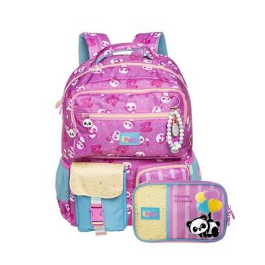 Imagem de Kit Mochila Costas Panda Coração Escolar E Estojo Box Balão Cor:Rosa, 