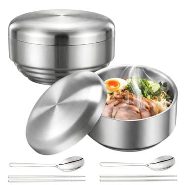 Imagem de Yiyiring Conjunto de 2 tigelas de arroz de aço inoxidável de 400 ml com tampa e pauzinhos de aço inoxidável, conjunto de colheres reutilizáveis, lanches isolados, tigelas de servir sopa, para casa