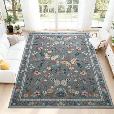 Imagem de FALARK Tapetes de área de 20 x 25 cm para sala de estar, tapete lavável com estampa floral de borboleta, tapete antiderrapante para quarto, jantar, escritório, sala de jogos, decoração de casa, cinza
