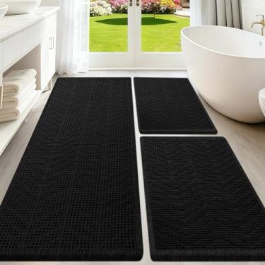 Imagem de Conjunto de tapetes de banheiro de waffle atualizados, 3 peças, preto, espinha de peixe, super absorvente, antiderrapante, secagem rápida, tapetes de banheiro com borlas, laváveis à máquina, tapetes