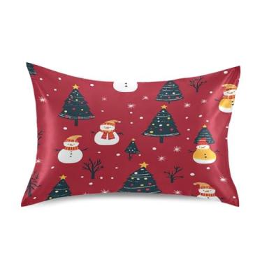 Imagem de Wassud Árvores de Natal e bonecos de neve fronha de cetim vermelho para cabelo e pele fronhas de seda lisa king size capas de travesseiro respiráveis com fecho de envelope