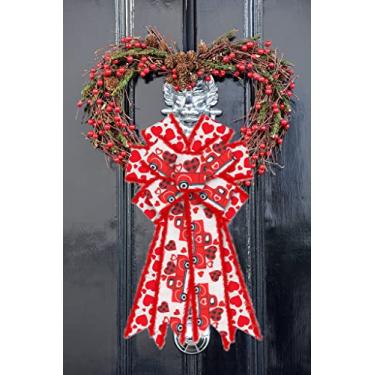 Imagem de Grandes laços de dia dos namorados para grinaldas, laços de guirlanda de dia dos namorados, laços de caminhão de veludo vermelho, coração vermelho, branco e vermelho para porta da frente, decoração