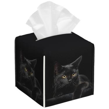 Imagem de Pacote com 2 capas de caixa de lenços de tecido de gato preto quadrado animal PU suporte organizador de papel facial à prova d'água para banheiro, cozinha, casa, escritório, carro