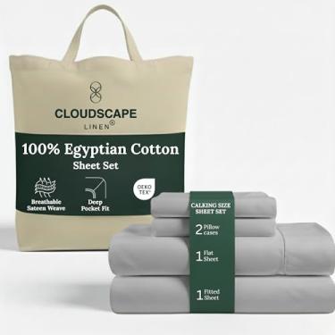 Imagem de Jogo de cama King California King de algodão egípcio de camada dupla Cloud Scape Linen – Conjunto de cama macio de qualidade hoteleira de 4 peças, bolsos profundos de até 43 cm, prata