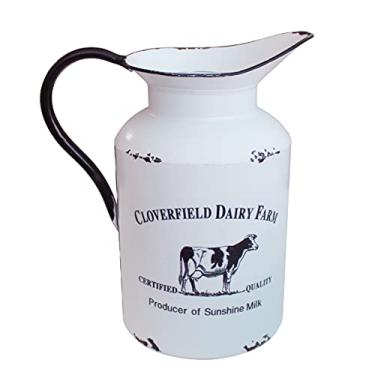 Imagem de CVHOMEDECO. Lata de leite galvanizada rústica primitiva com alça, vaso de metal primitivo para decoração de casa e jardim, branco vintage