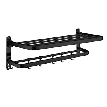 Imagem de Prateleira de banheiro preta fosca prateleira de banheiro toalheiro de banheiro prateleira com 2 barras de toalha e 5 ganchos de toalha móveis suporte de armazenamento de toalhas de parede, dobrável