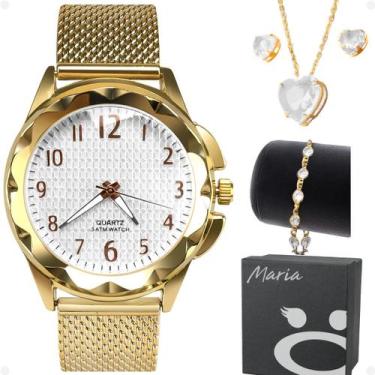 Imagem de relogio feminino dourado prova dagua + colar + pulseira presente coraç