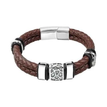 Imagem de Pulseira Masculina De Couro Trançado Marrom Com Aço Inoxidável 316L E 